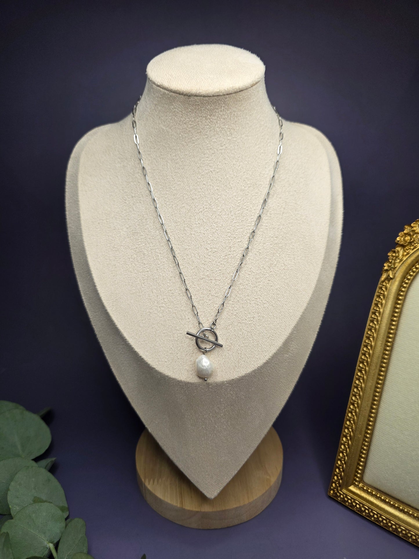 Luna T-Bar Pearl Necklace displayed on a cream fabric jewelry bust, showcasing the toggle clasp and unique freshwater pearl pendant from My Silver Lining.