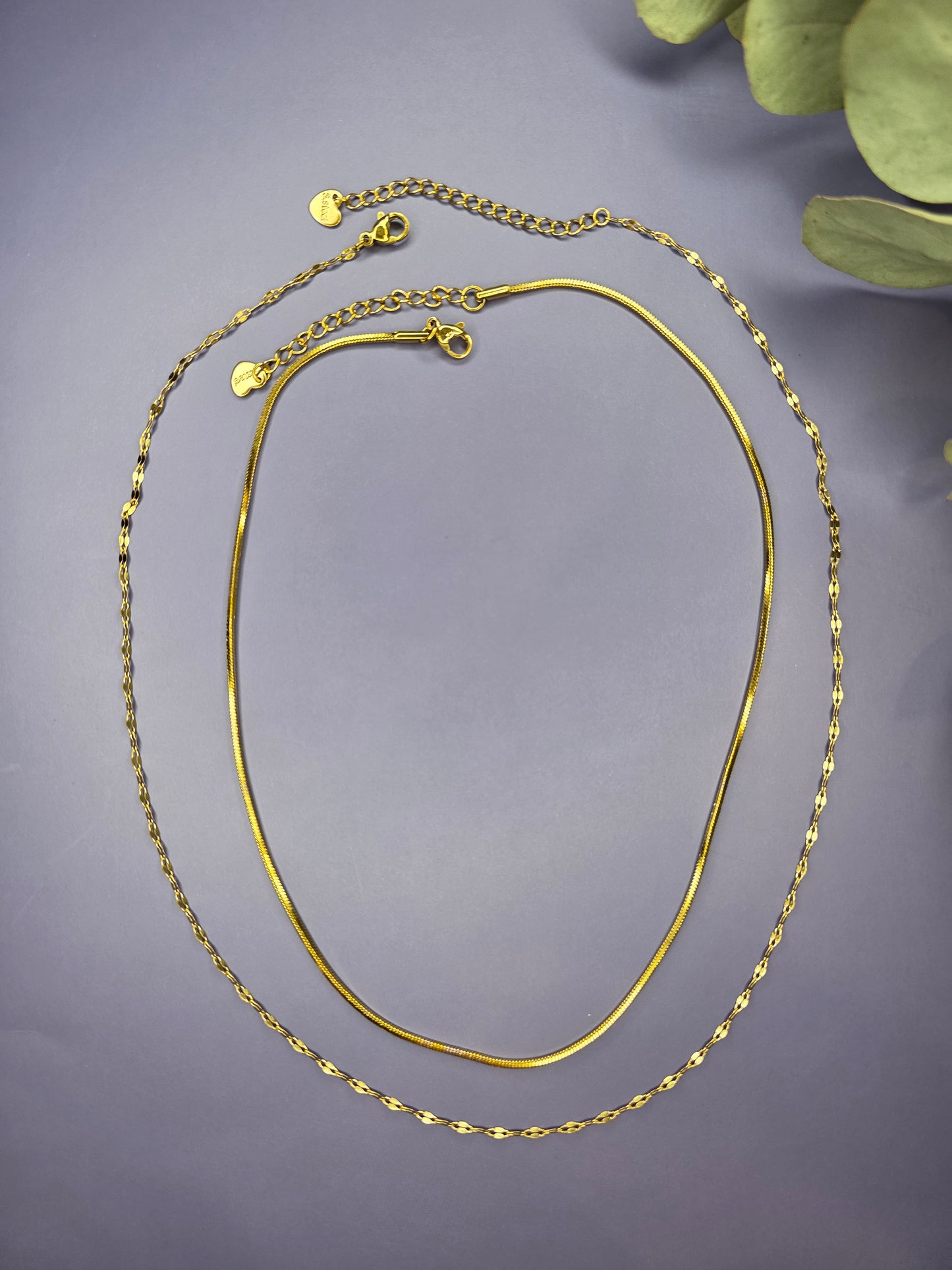 The Golden Line Harmony necklace, a double-piece, double-layered silver-toned necklace featuring a smooth flat chain and a fine beaded satellite chain
