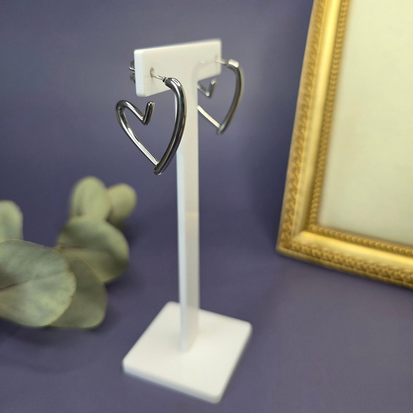 Silver Open Heart earrings on a T-stand display — My Silver Lining.
