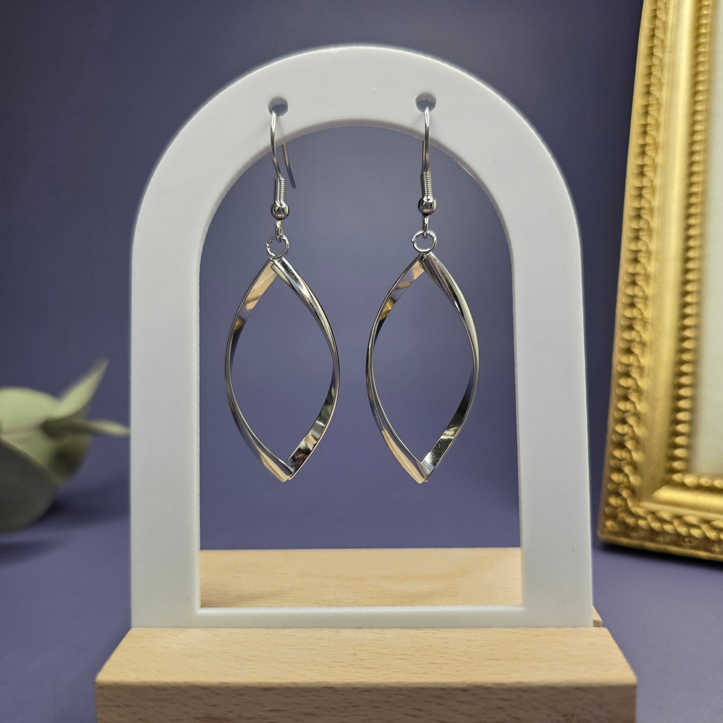 Ribbon Earrings in polished silver-tone 316 stainless steel, twisted marquise drop — My Silver Lining.