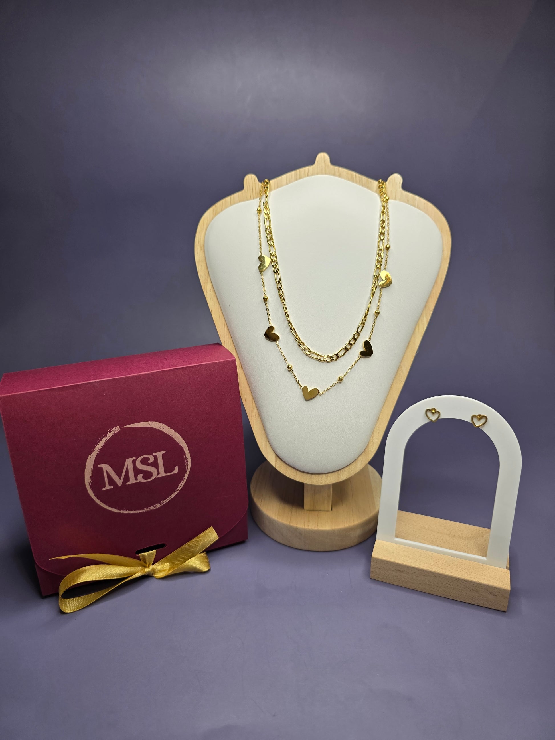 Golden Cupido heart stud earrings and 40+5cm Heartfelt Journey pendant necklace in a luxury Valentine's gift box by My Silver Lining.