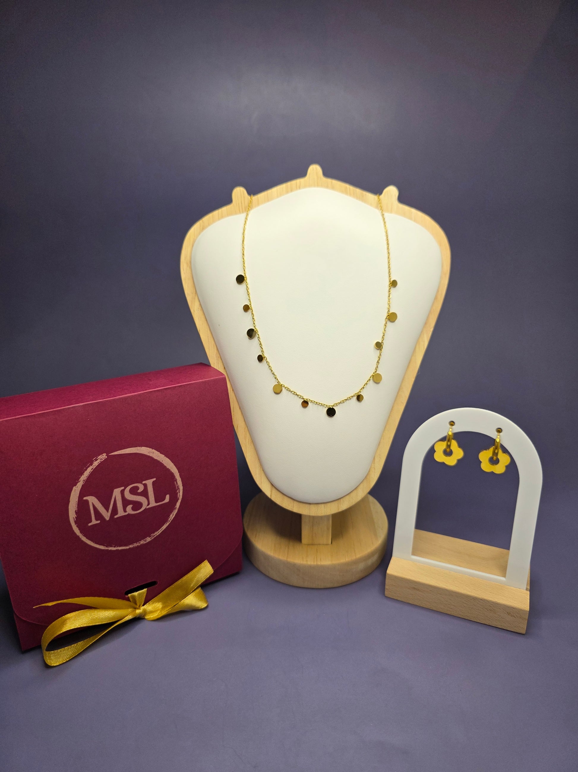 The Golden Glow Retro set featuring 18k gold plated 2.3cm flower hoops and a 40+5cm dew drop station necklace in a luxury MSL Valentine's box.