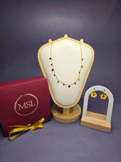 The Golden Glow Retro set featuring 18k gold plated 2.3cm flower hoops and a 40+5cm dew drop station necklace in a luxury MSL Valentine's box.