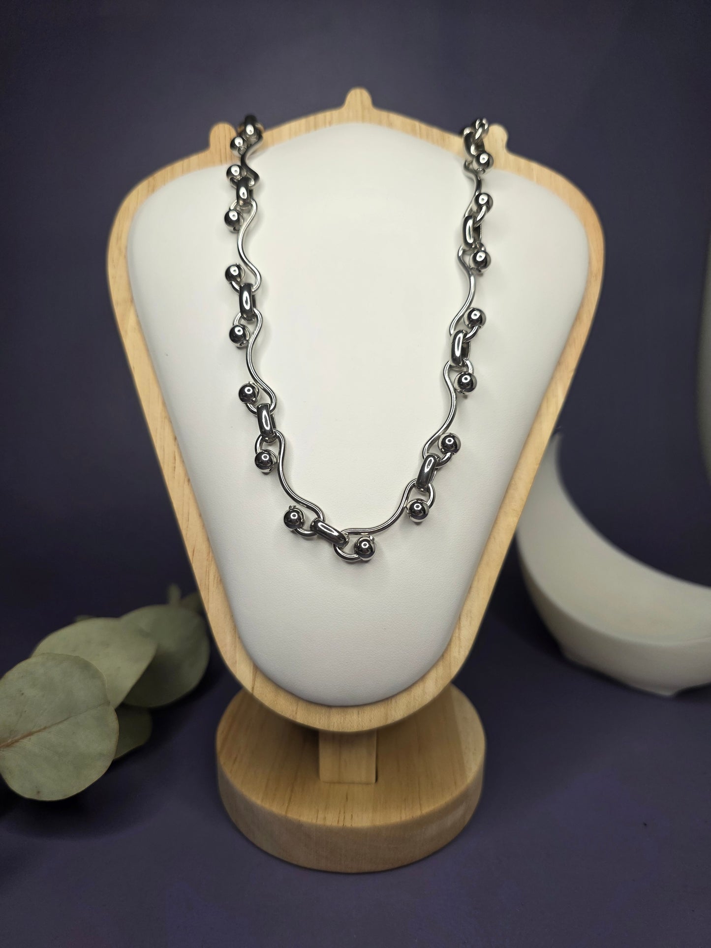 Front view of the Chunky Ball & Link Choker on a jewelry bust, showcasing the 40cm fit and bold design — My Silver Lining.