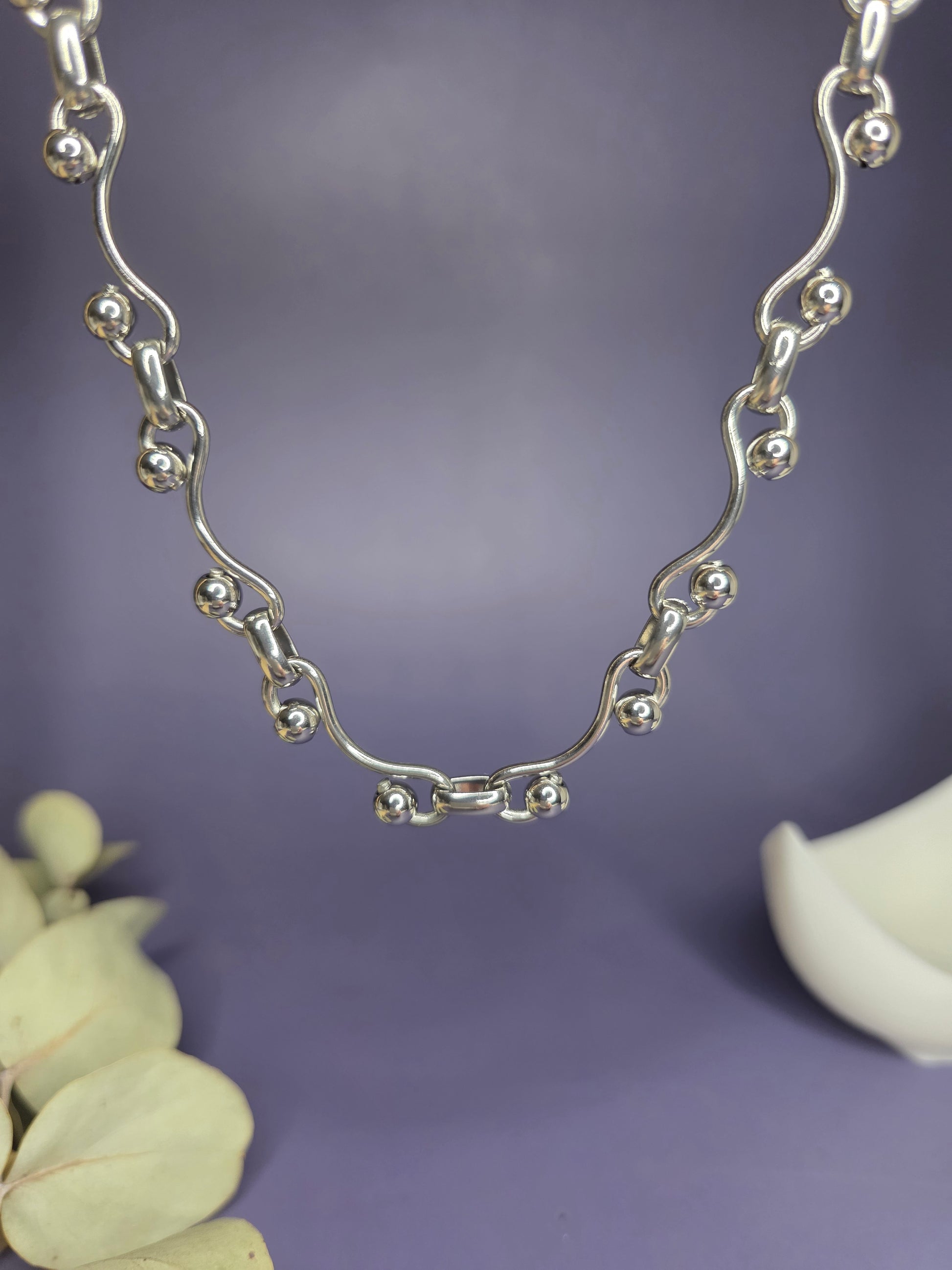 Close-up of the Chunky Ball & Link Choker hanging, showing the unique 304 stainless steel sculptural links — My Silver Lining.