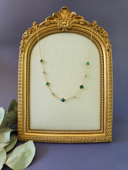 Emerald Glow Station necklace featuring green square-cut stones in a vintage gold frame. This waterproof and tarnish-resistant gold-plated necklace is perfect for elegant daily wear - My Silver Lining.