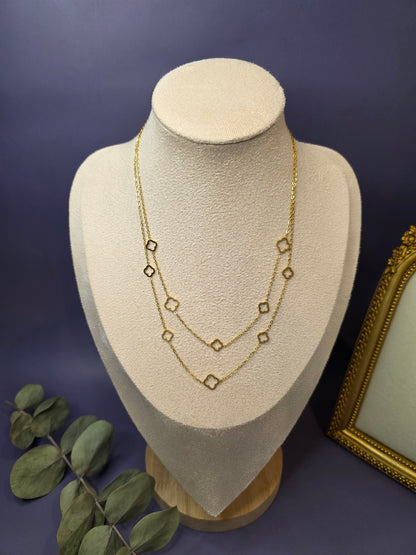 The Four-Leaf Glow Chain displayed to show the perfectly layered double-strand design. Tarnish-proof 18K gold-plated stainless steel necklace for a sophisticated daily look - My Silver Lining.
