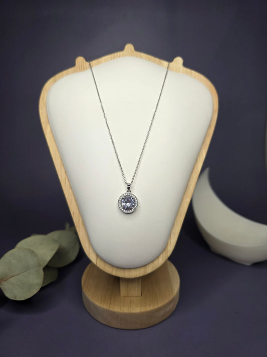 Front view of the Grand Gala Sparkle Necklace on a jewelry bust, showing the 38cm fit and brilliant halo design — My Silver Lining.