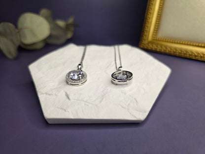 Side-angle view of the Grand Gala Sparkle Necklace, highlighting the raised halo setting and high-clarity synthetic zircon — My Silver Lining.