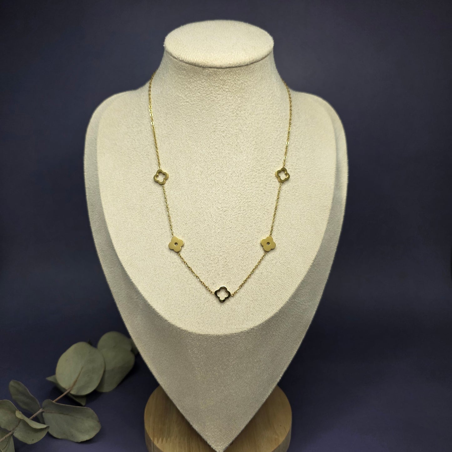 Front view of the Gold Lucky in Love necklace, 18k gold plated clover charm — My Silver Lining.