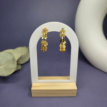 SEO optimized front view of My Daisy Hoop Earrings on a white display stand, showcasing the 3cm hoop diameter — My Silver Lining.