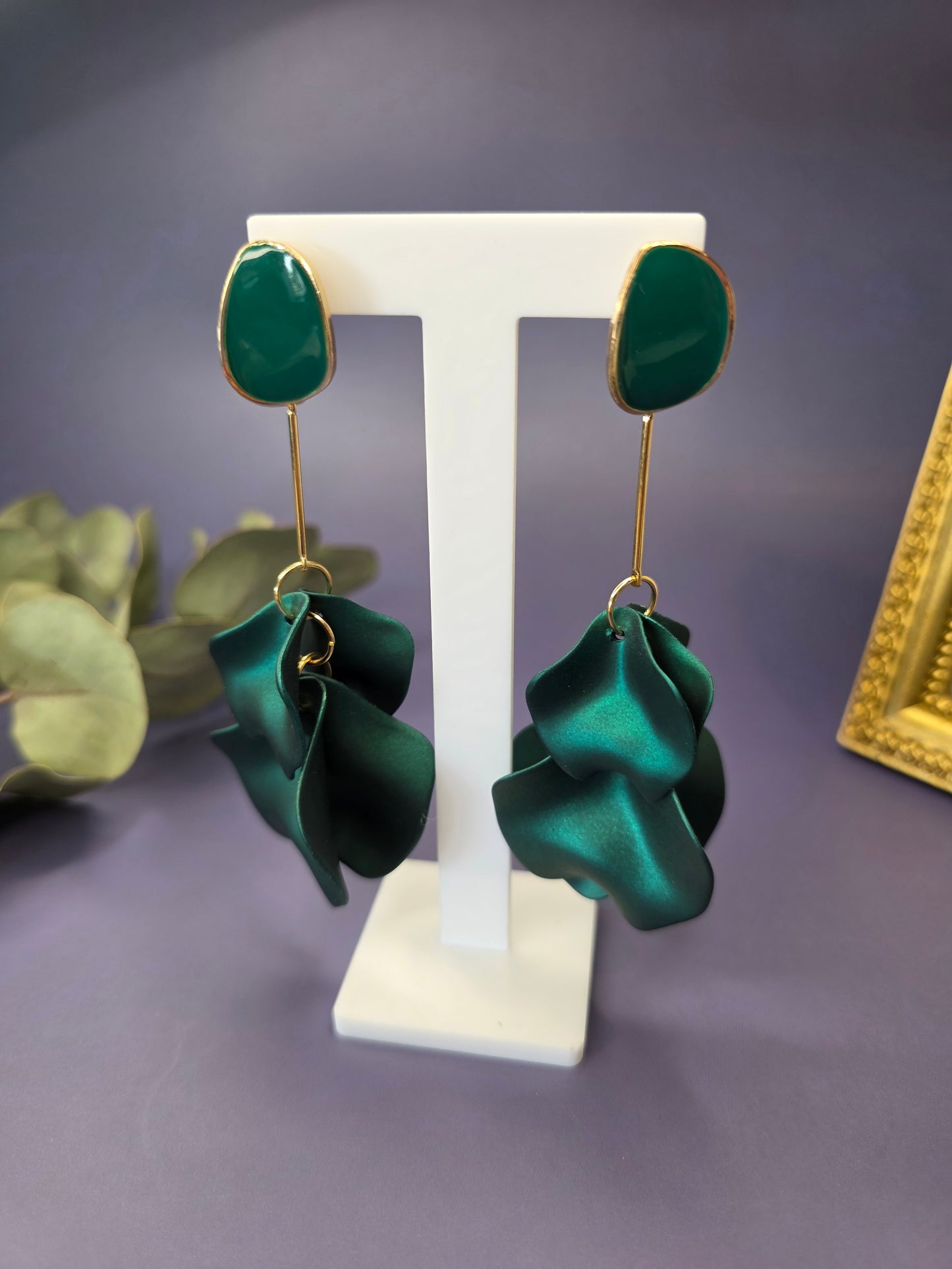 The French Riviera Petal Drop Earrings. Large, 9.2 cm long statement earrings featuring layered acrylic petals in a cascading floral design. Secured with a 316 Stainless Steel ear needle.