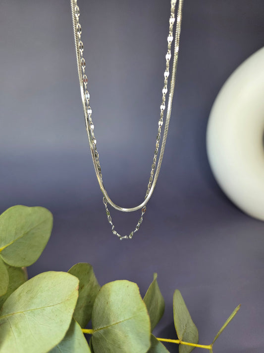 The Silver Lustre Duo Set, a two-piece layered stainless steel necklace set. It features a 40 cm beaded satellite chain and a 45 cm smooth herringbone chain, both with separate 5 cm extenders
