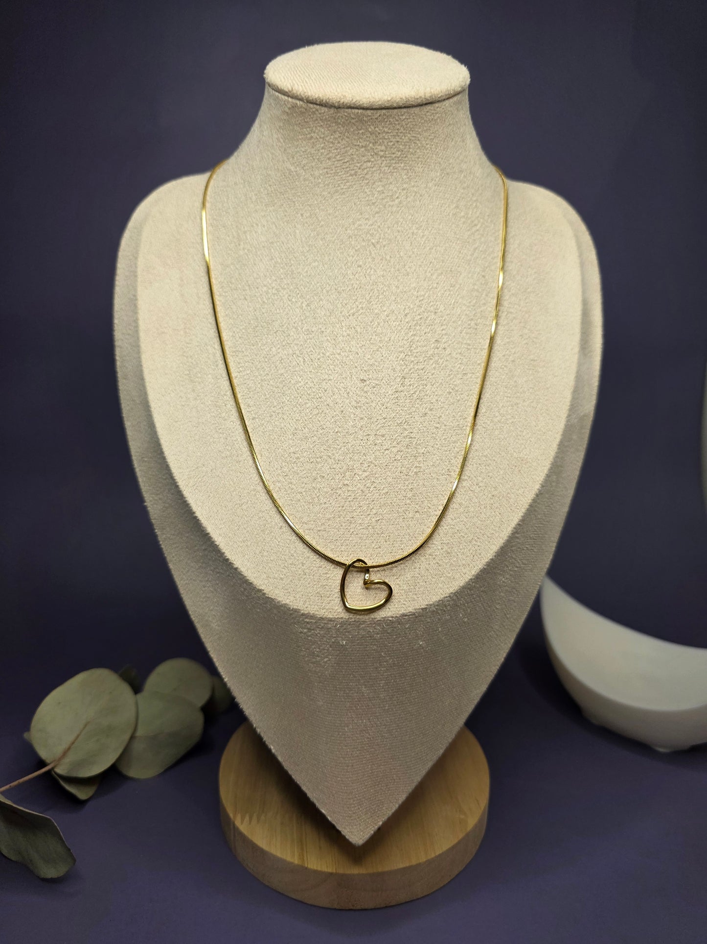View of the Pure Heart Golden Pendant Necklace worn on a jewelry bust, showing the 45cm fit and elegant KC Gold finish — My Silver Lining.