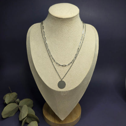 Optimized view of the Silver Horizon Layered Set on a jewelry bust, highlighting the engravable 1.8cm disc pendant — My Silver Lining.