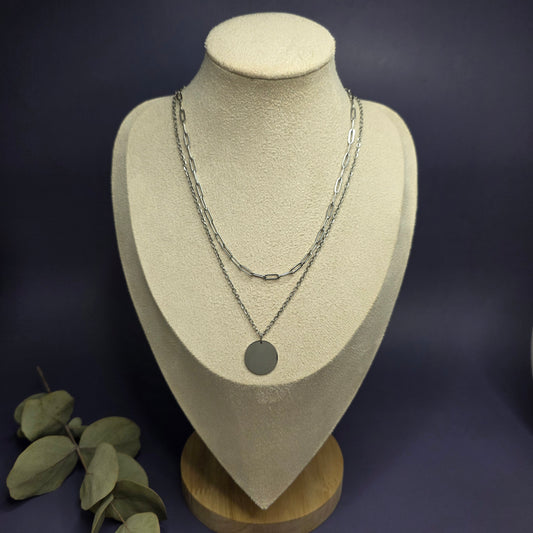 Optimized view of the Silver Horizon Layered Set on a jewelry bust, highlighting the engravable 1.8cm disc pendant — My Silver Lining.