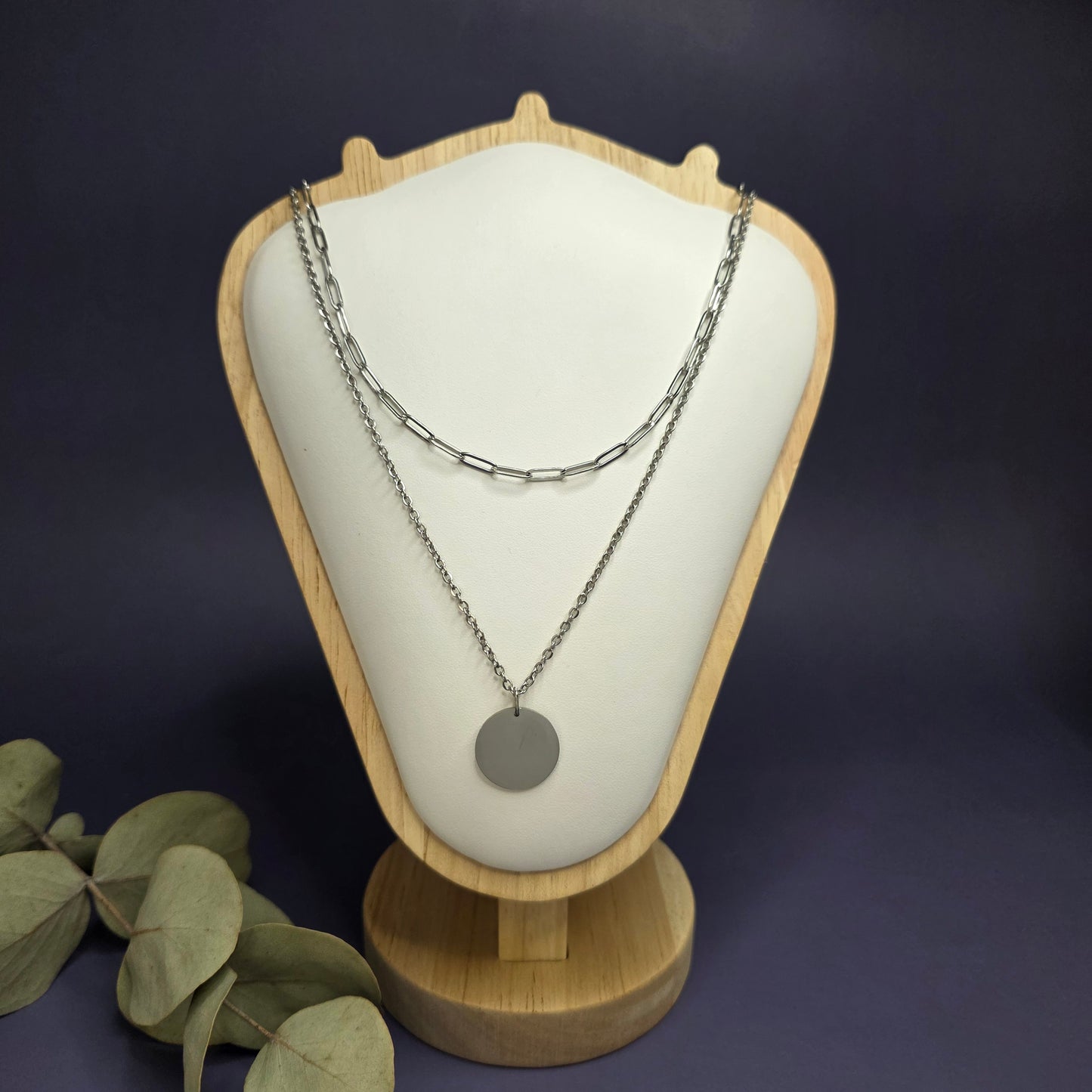 Optimized view of the Silver Horizon Layered Set on a jewelry shield, highlighting the engravable 1.8cm disc pendant — My Silver Lining.