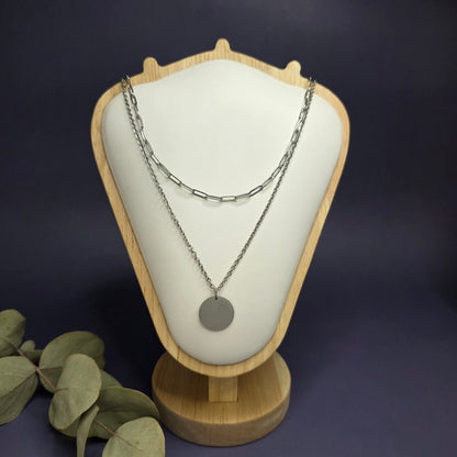 Optimized view of the Silver Horizon Layered Set on a jewelry shield, highlighting the engravable 1.8cm disc pendant — My Silver Lining.