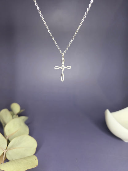 Close-up of the Silver Infinity Cross Necklace hanging, highlighting the durable 304 stainless steel finish — My Silver Lining.