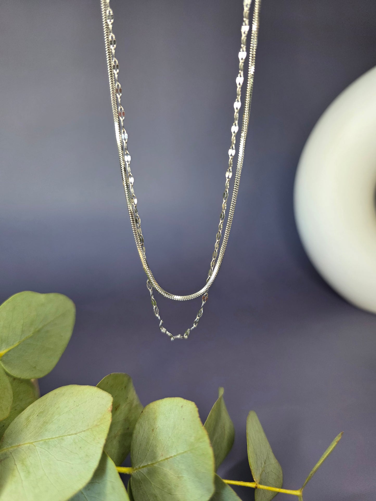 Silver Lustre Duo set shown floating to highlight the separate silver chains. Tarnish-resistant herringbone and beaded chains with adjustable extenders - My Silver Lining.