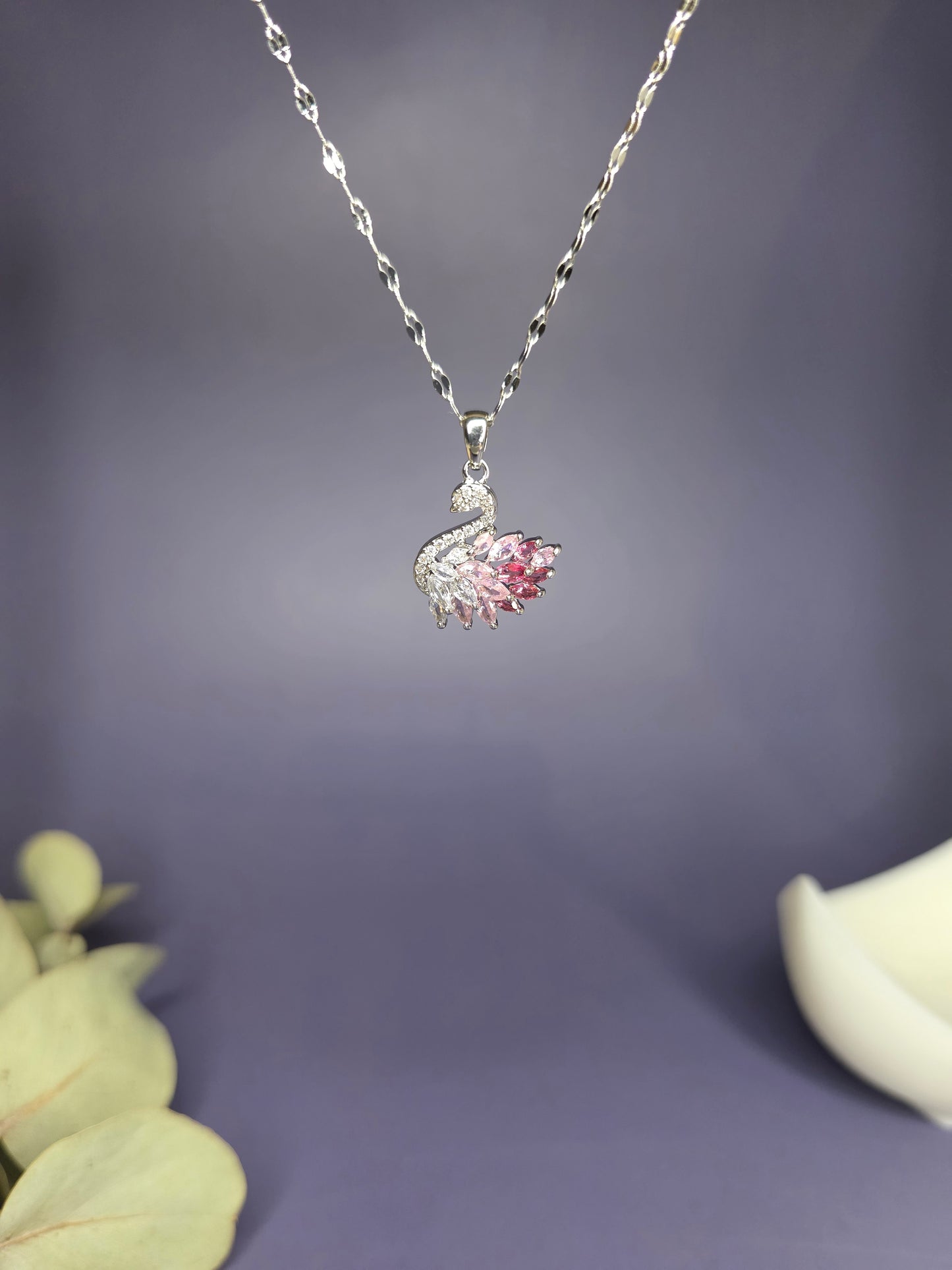 Close-up of the Silver Pink Swan Lake Necklace hanging, highlighting the brilliant marquise-cut synthetic zircon stones — My Silver Lining.
