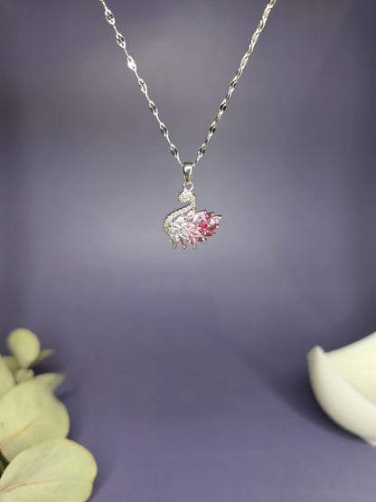 Close-up of the Silver Pink Swan Lake Necklace hanging, highlighting the brilliant marquise-cut synthetic zircon stones — My Silver Lining.
