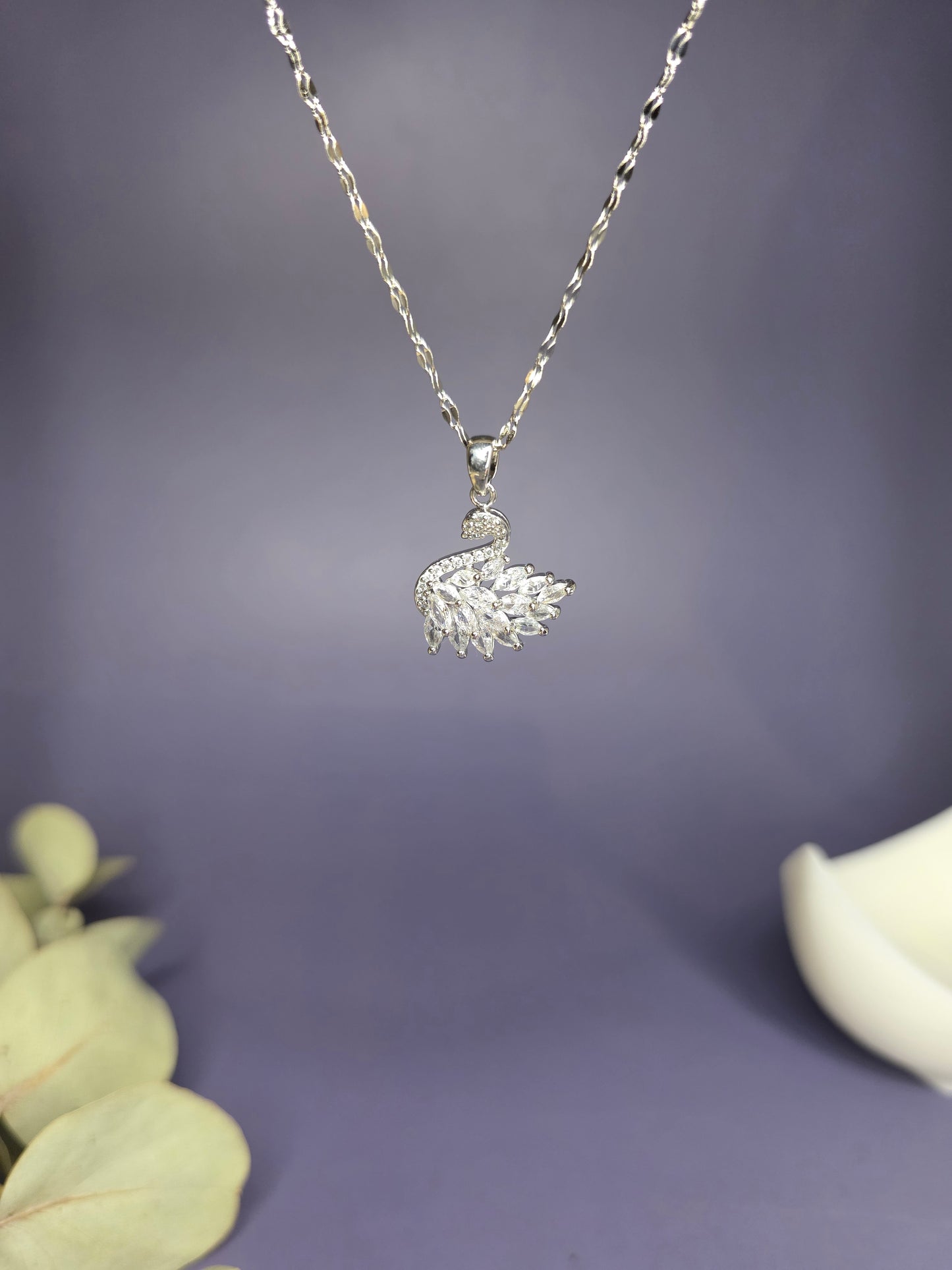 Close-up of the Silver White Swan Lake Necklace hanging, highlighting the brilliant marquise-cut synthetic zircon stones — My Silver Lining.