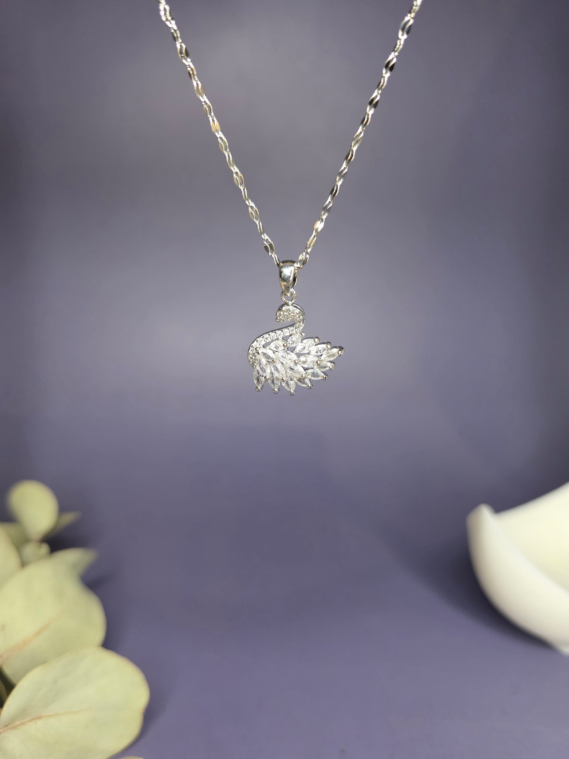 Close-up of the Silver White Swan Lake Necklace hanging, highlighting the brilliant marquise-cut synthetic zircon stones — My Silver Lining.