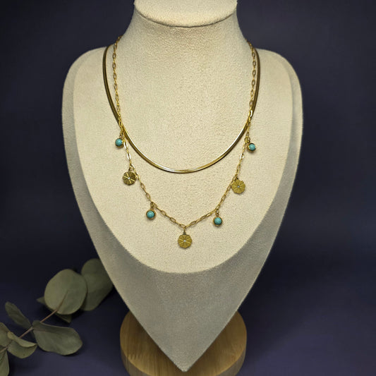 Optimized view of The Desert Bloom Layered Set on a jewelry bust, showing the gold snake chain and turquoise floral layers — My Silver Lining.