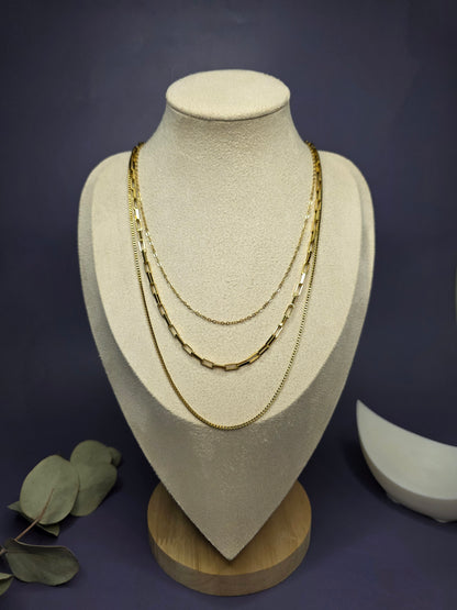 Optimized view of the Trinity Golden Layer necklace on a jewelry bust, showcasing the three graduated lengths in KC gold plated stainless steel — My Silver Lining.