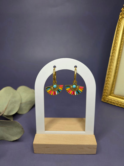 Vivid Fan Gold Hoops displayed on a white architectural arch. These 18k gold plated stainless steel earrings feature a vibrant resin inlay — My Silver Lining.