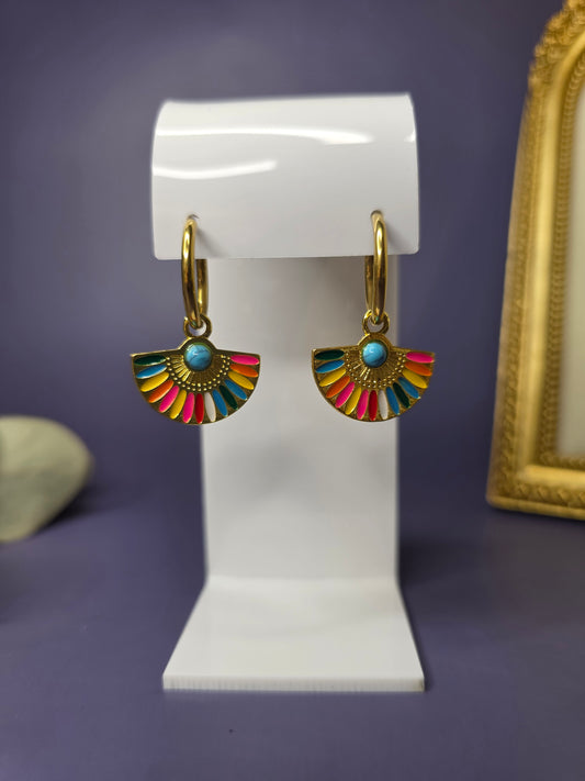 Front-facing view of the Vivid Fan Gold Hoops on a white display stand. 18k gold plated hoops with colorful resin and turquoise-style inlay — My Silver Lining.