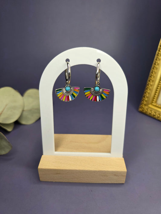 Vivid Fan Silver Hoops displayed on a white architectural arch. These silver-toned stainless steel earrings feature a vibrant resin inlay — My Silver Lining.